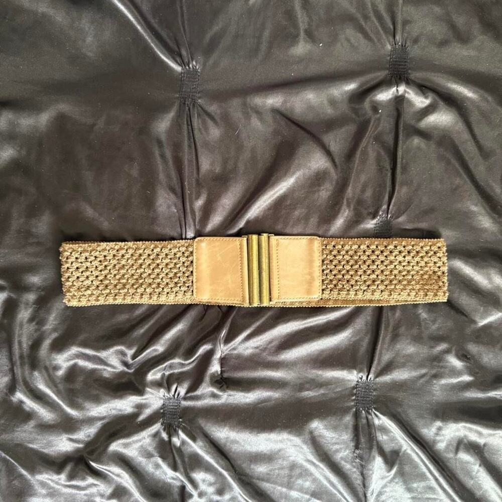 Tan woven belt with gold buckle
